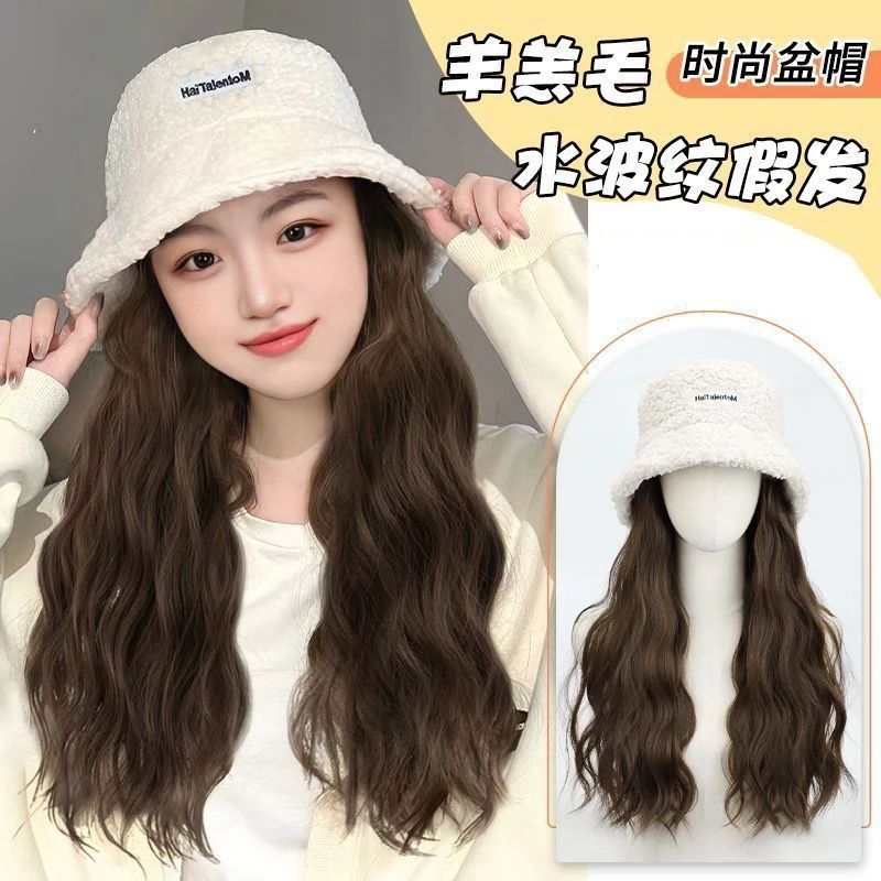 帽子假发女一体时尚秋冬新款羊羔毛渔夫帽仿真发自然水波纹假发帽