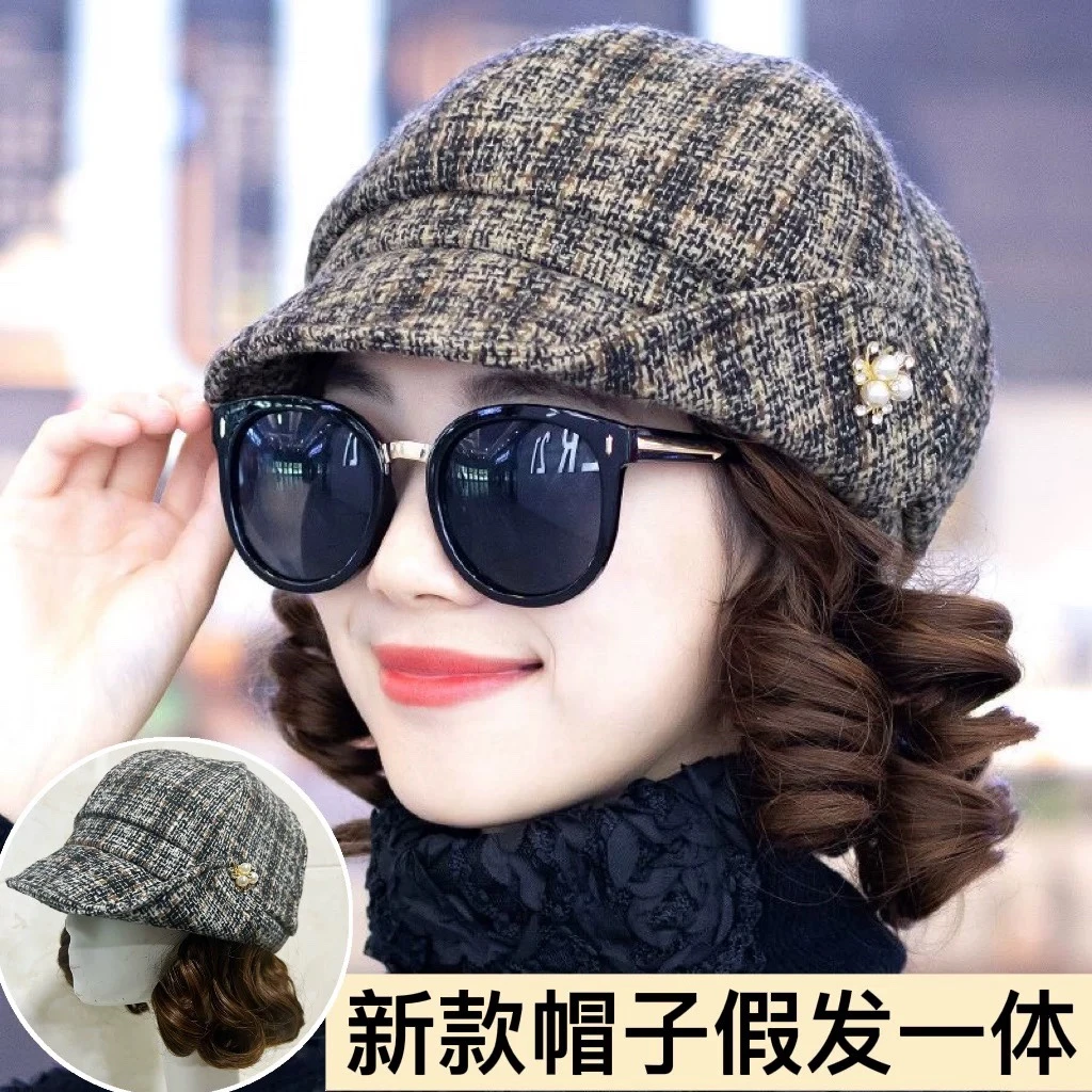 妈妈帽子假发一体女超短卷发假发逼真自然帽子带头发秋冬全头套式