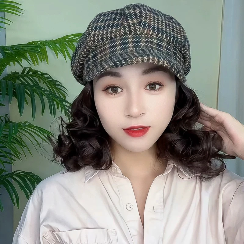 帽子假发一体短卷发全头套千鸟格八角帽时尚中老年妈妈款