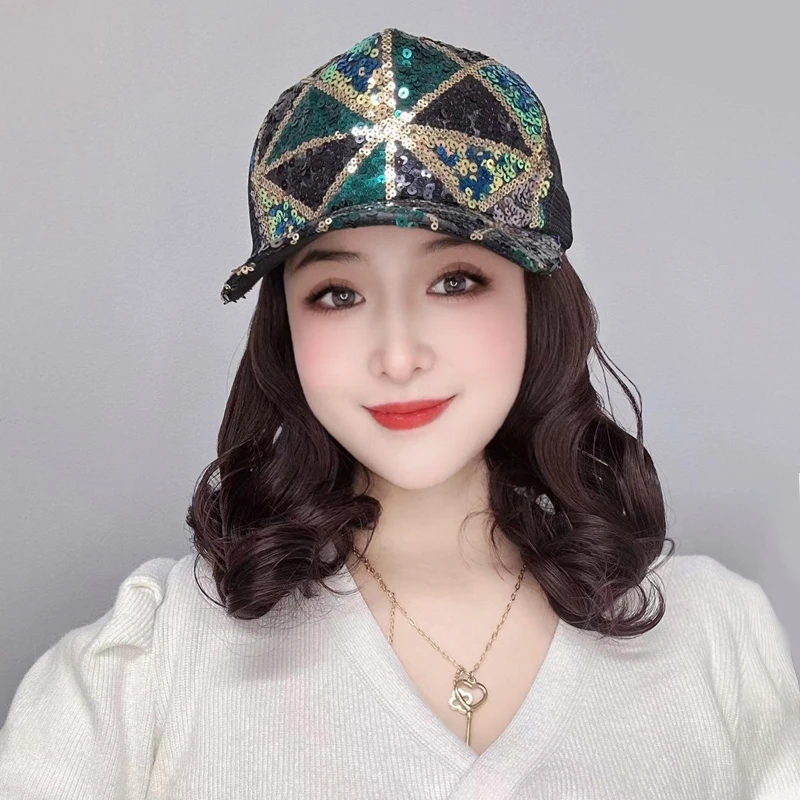 伊恬【春夏款】混色亮片棒球帽短卷发帽子假发一体夏季薄清爽不闷热