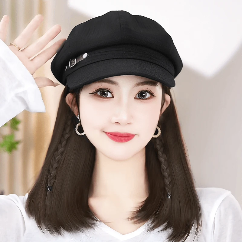 【简约时尚】减龄锁骨发百搭皮扣八角帽帽子假发一体短内扣带帽假发