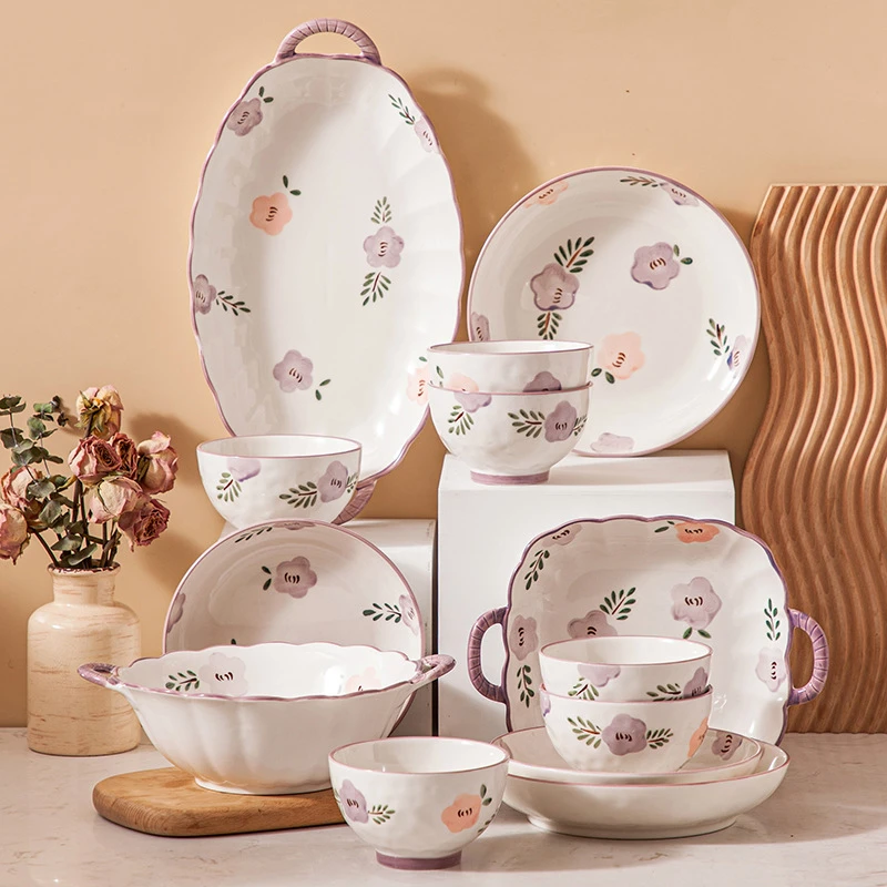 紫萱花碗碟套装家用组合高档2024新款乔迁新居陶瓷餐具碗具米饭碗