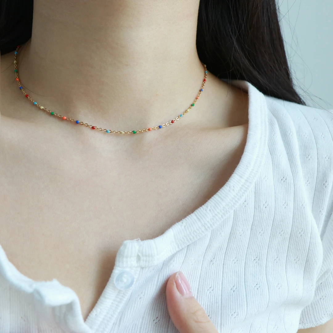 钛钢项链 因缺斯汀钛钢彩色豆豆项复古撞色法式百搭颈链可叠加