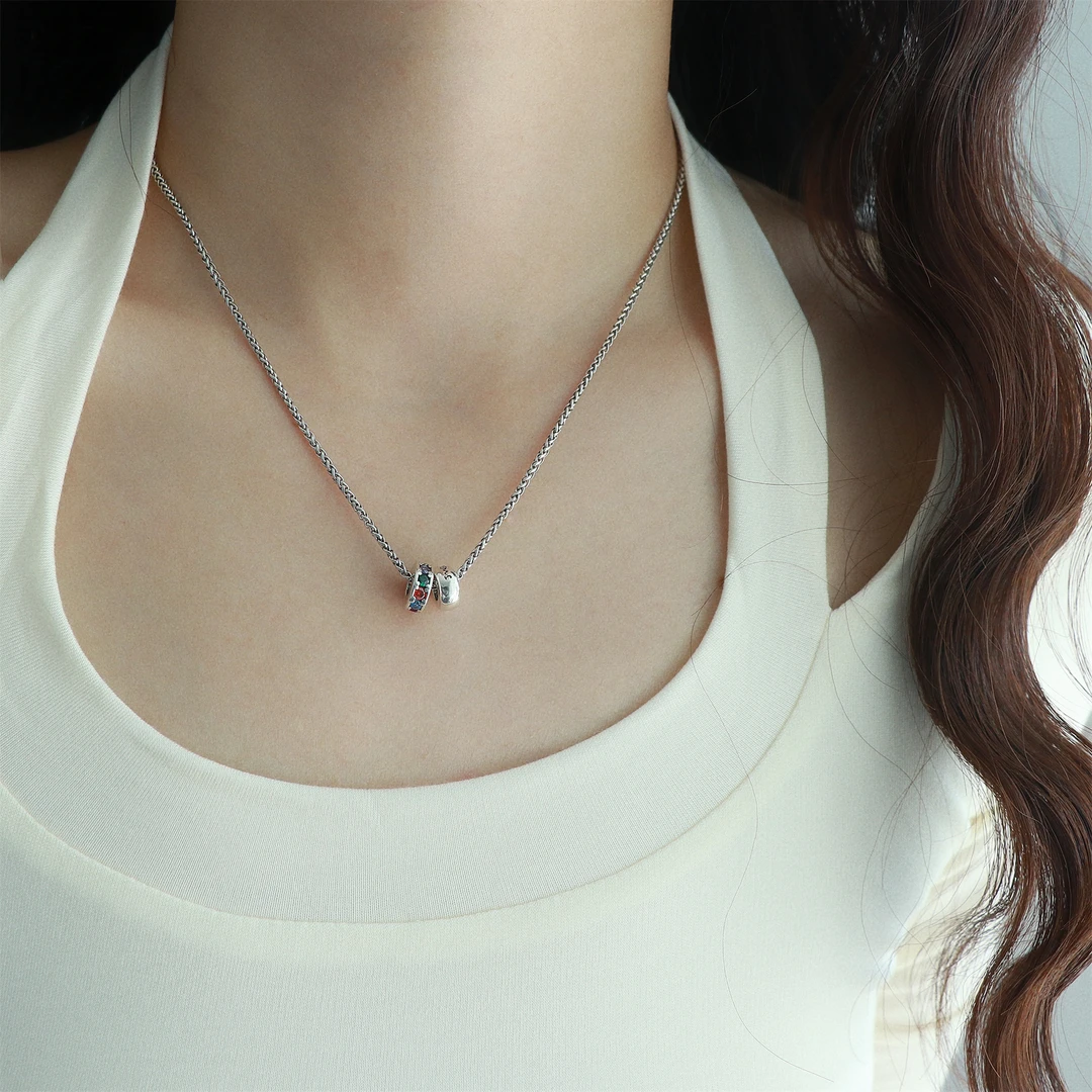 因缺斯汀饰品 坠链均925银合成锆石 【彩虹双圈】纯银彩色锆石项链