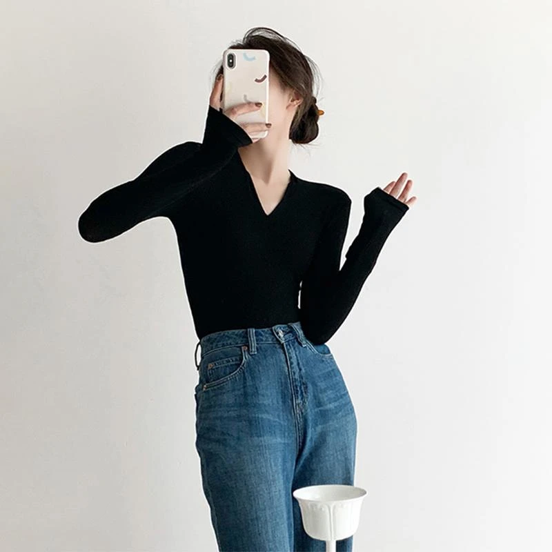 V领内搭打底衫女2023年秋冬季新款装独特别致小上衣领修身高级感