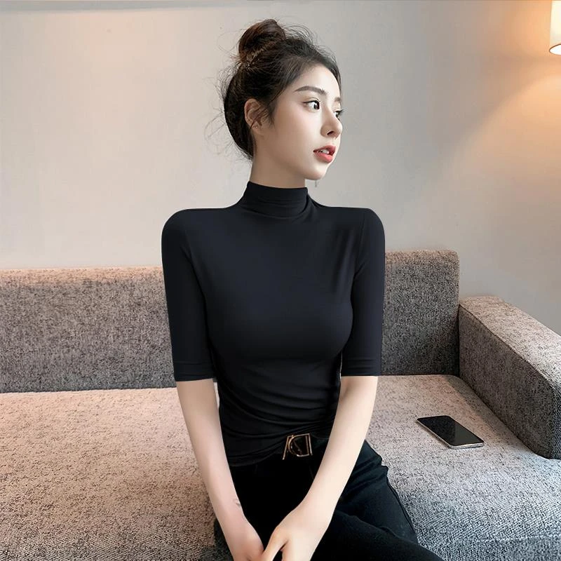 2023新款莫代尔半高领打底衫女春秋冬中领内搭黑色中袖上衣五分袖