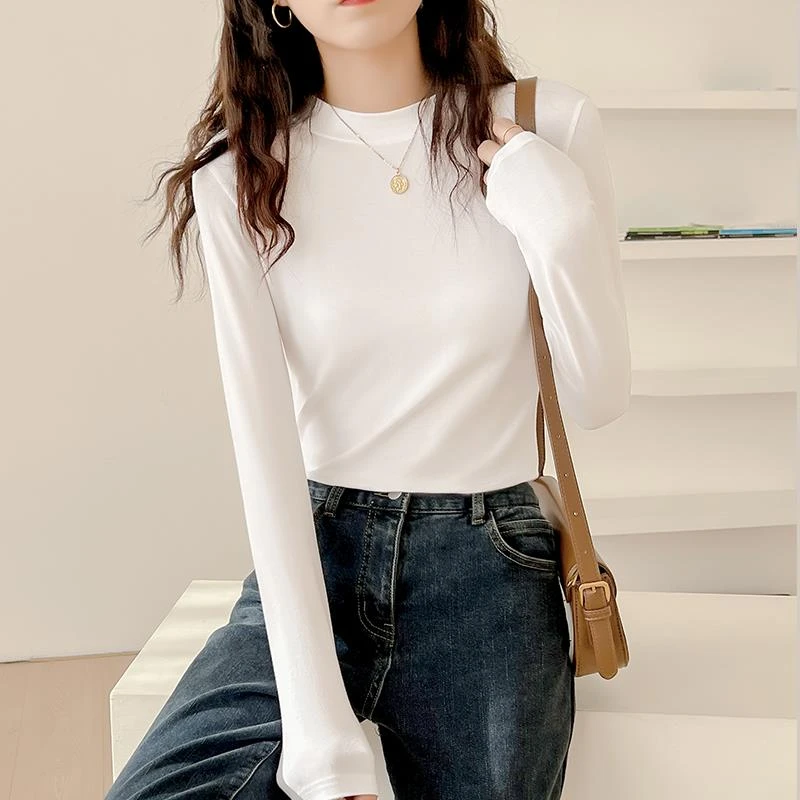 小高领白色打底衫女内搭长袖修身秋冬时尚装恤2023新款纯色百搭