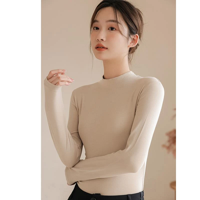 莫代尔小立领打底衫女秋冬新款中领半高领长袖内搭恤百搭修身上衣