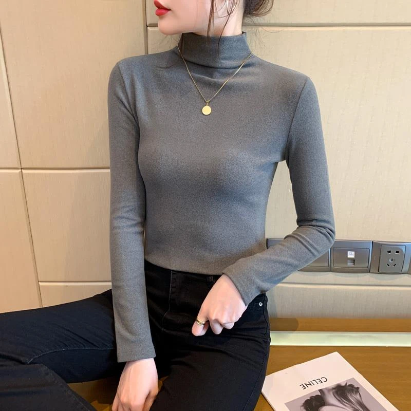 秋冬内搭2023新款高级感紧身加厚保暖上衣烟灰色高领加绒打底衫女