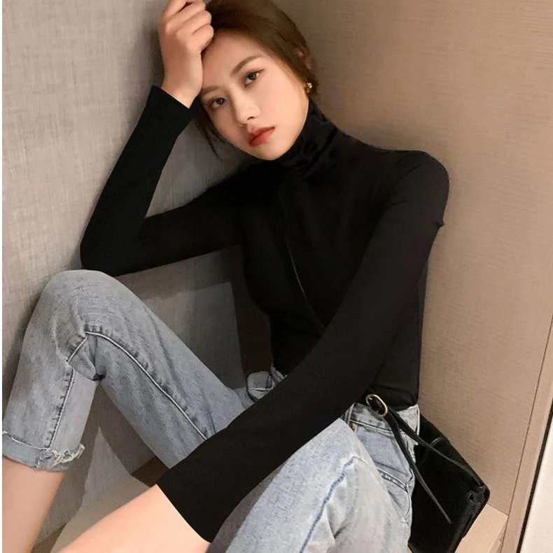 2023内搭高档秋冬季上衣修身长袖莫代尔恤黑色高领打底衫女百搭