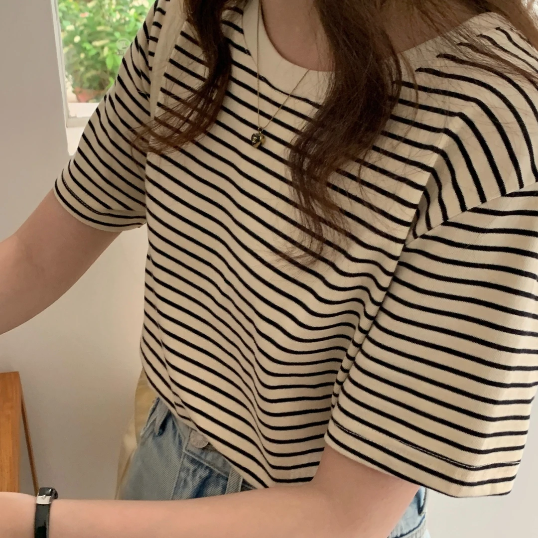 正肩条纹撞色短袖T恤女夏季纯棉宽松小衫复古减龄上衣