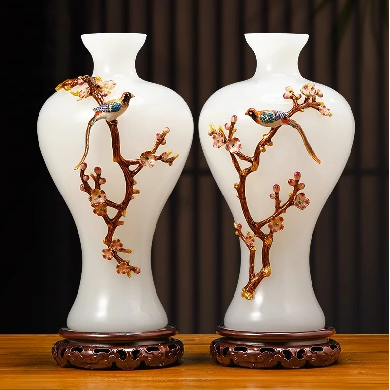 《平安喜悦》琉璃玉花瓶摆件玄关客厅电视柜装饰高档新中式家居饰品