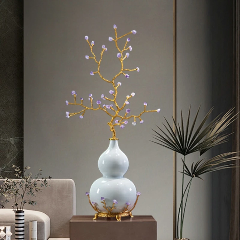 《紫气东来》紫水晶发财树葫芦摆件高档新中式客厅玄关办公装饰品