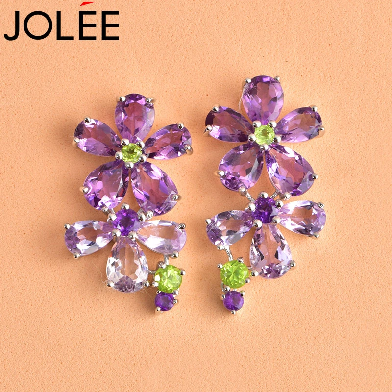 Jolee耳钉女S925银镶嵌天然紫水晶轻奢繁花首饰品送女生礼物