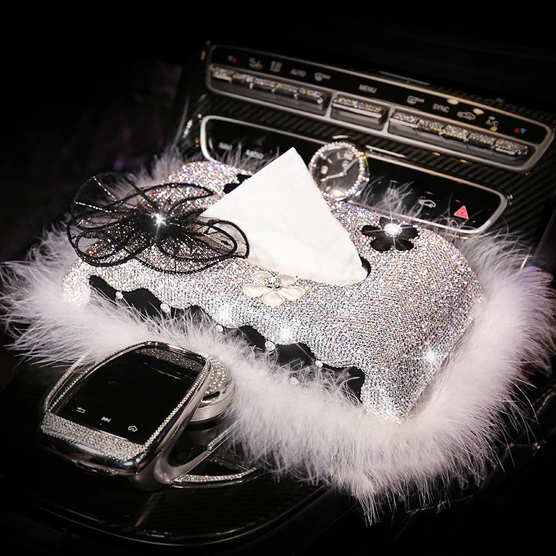 车载纸巾盒抽天鹅镶钻扶手箱座式汽车用品餐巾纸车用抽纸盒创意女