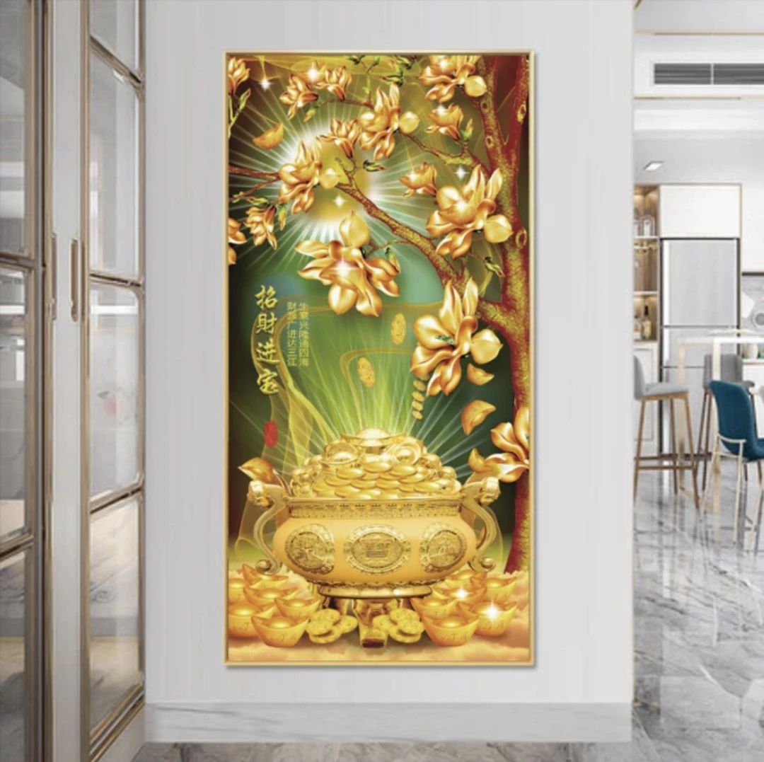 聚宝盆招财进宝进门玄关装饰画客厅过道走廊挂画晶瓷立体镶钻框画