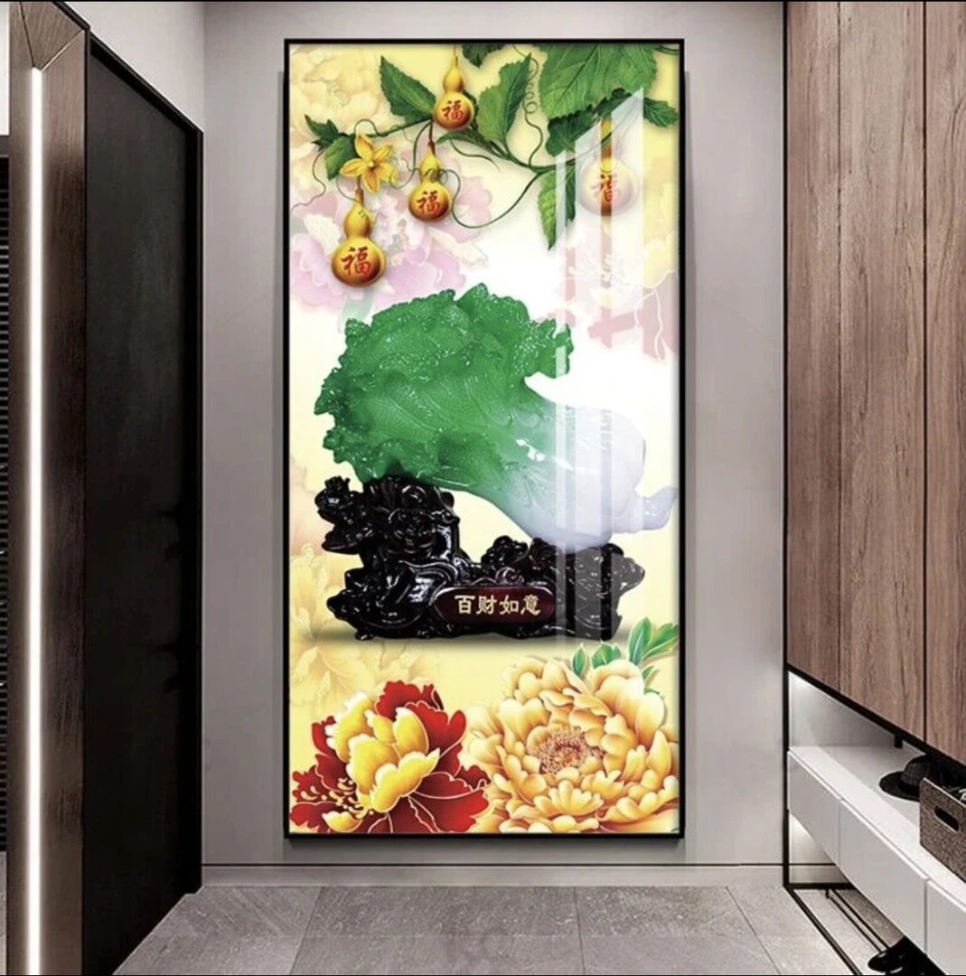 玉白菜百财如意玄关装饰画竖版客厅过道走廊挂画晶瓷立体镶钻框画