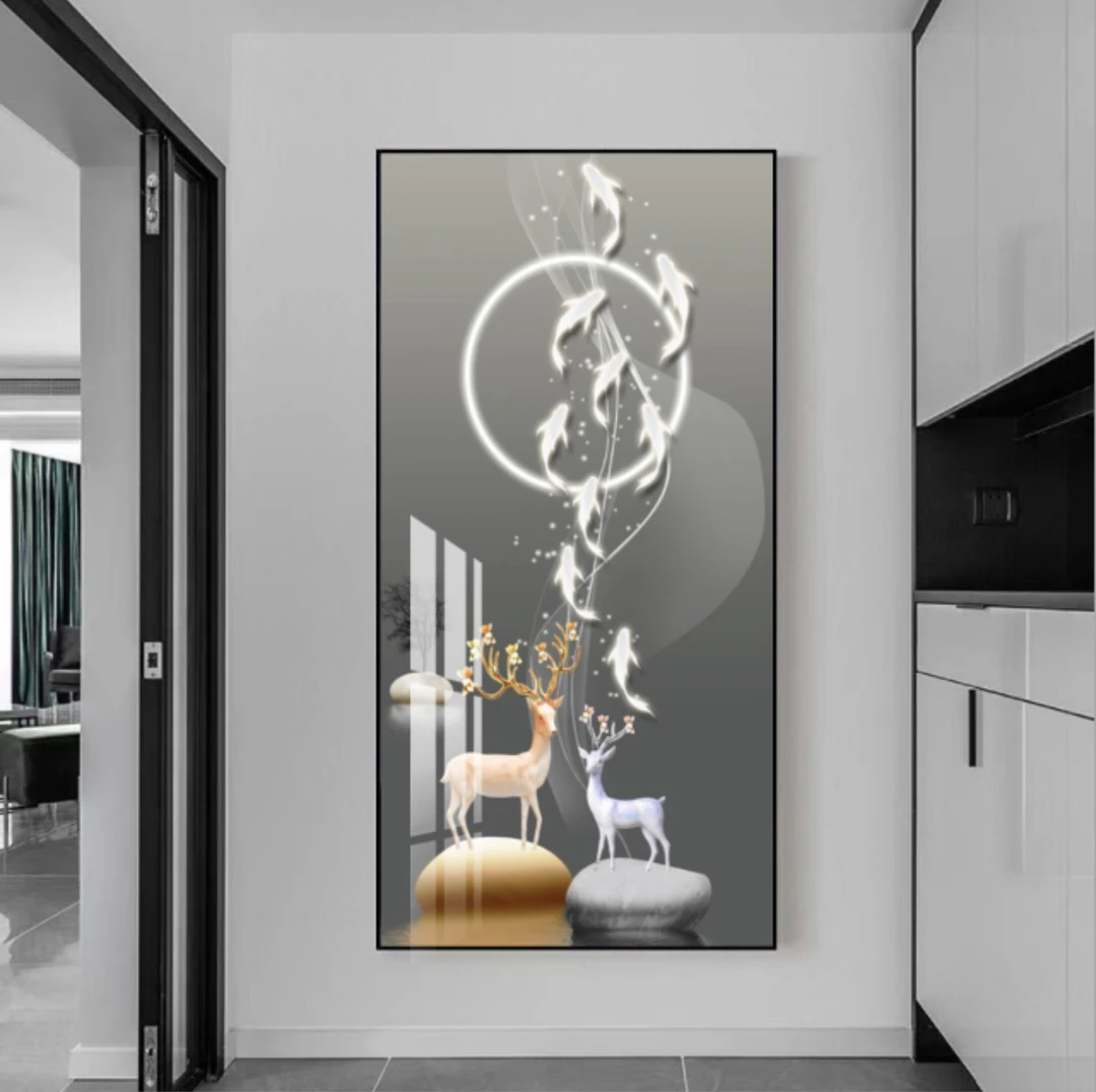 金鹿送福九鱼图进门玄关装饰画竖版过道走廊挂画晶瓷立体镶钻框画