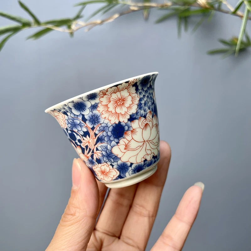 青花百花茶杯陶瓷茶具品茗杯主人杯客杯杯子釉里红复古女性茶器