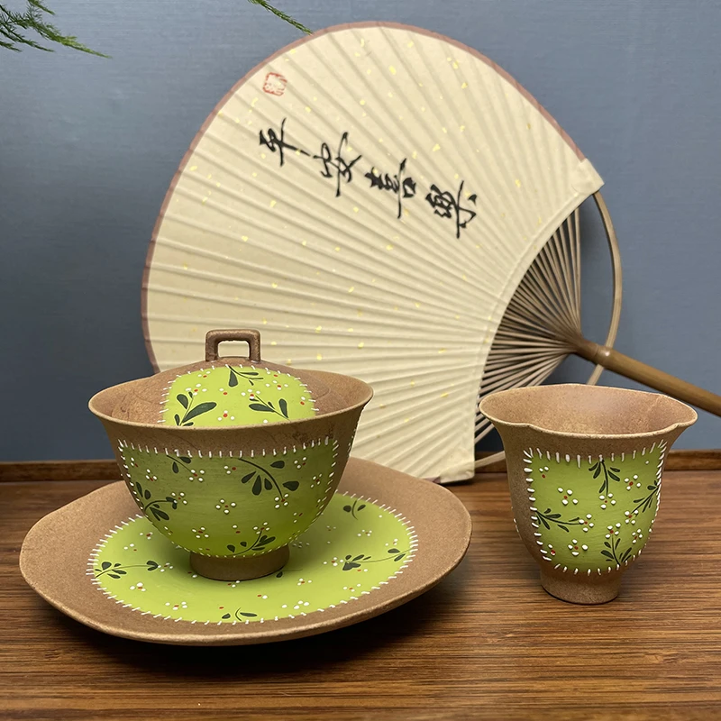 民厝老岩泥纯手绘小雏菊盖碗茶杯三才茶碗泡茶器不烫手陶瓷茶具
