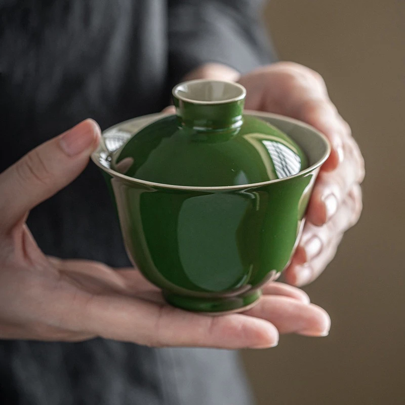 草木灰仿古盖碗祖母绿功夫茶具陶瓷泡茶碗150ml家用两才标准单色