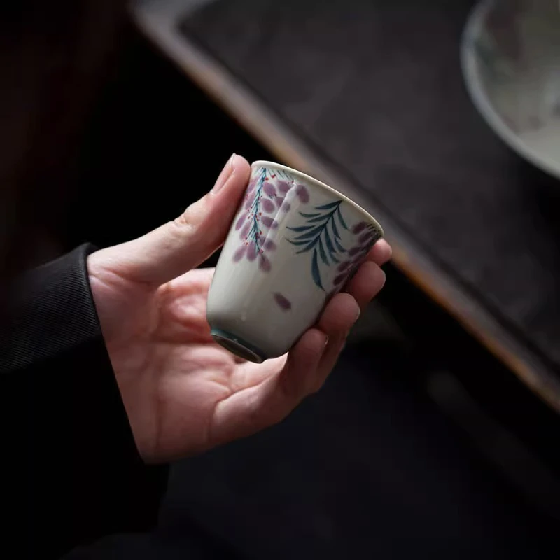 纯手绘草木灰品茗杯紫藤花小号闻香杯家用陶瓷功夫茶具喝茶杯子