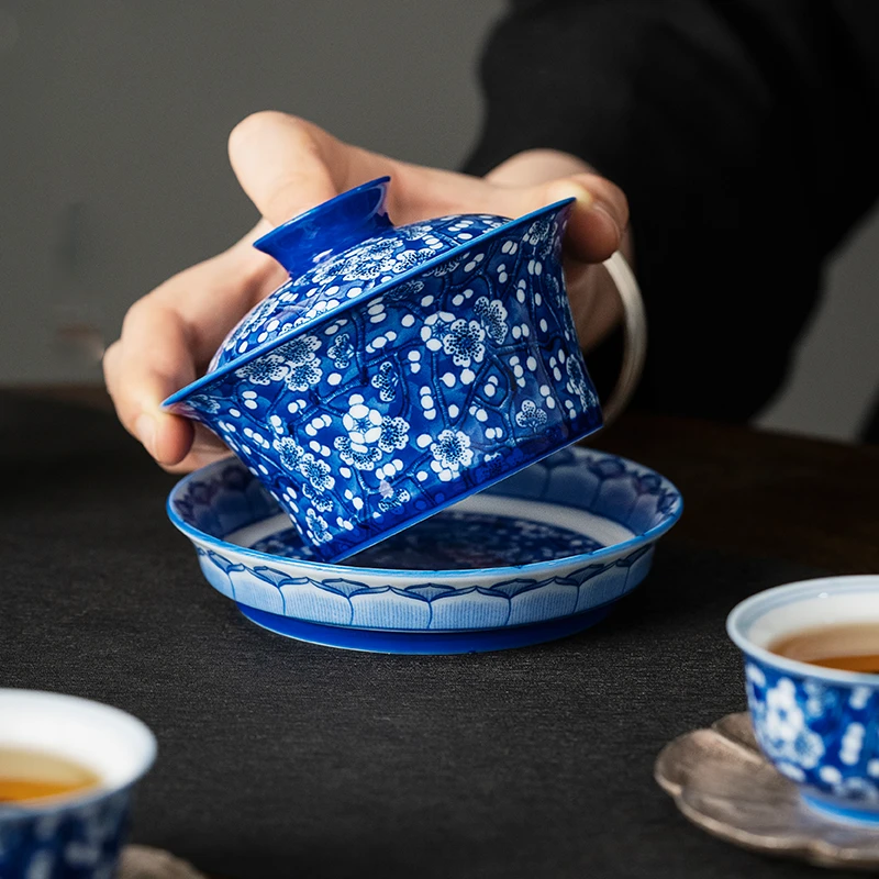冰梅小号三才盖碗茶杯手工手绘青花瓷泡茶碗景德镇陶瓷不烫手茶具