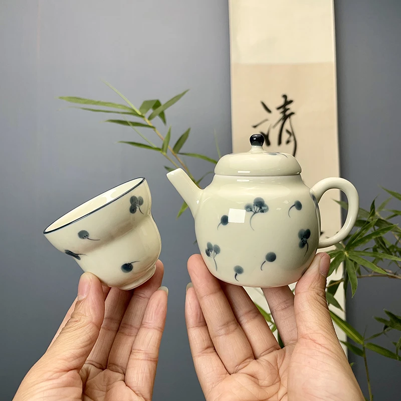 民厝釉下彩手绘梅花茶壶陶瓷茶具葫芦杯品茗杯简约球孔过滤泡茶壶