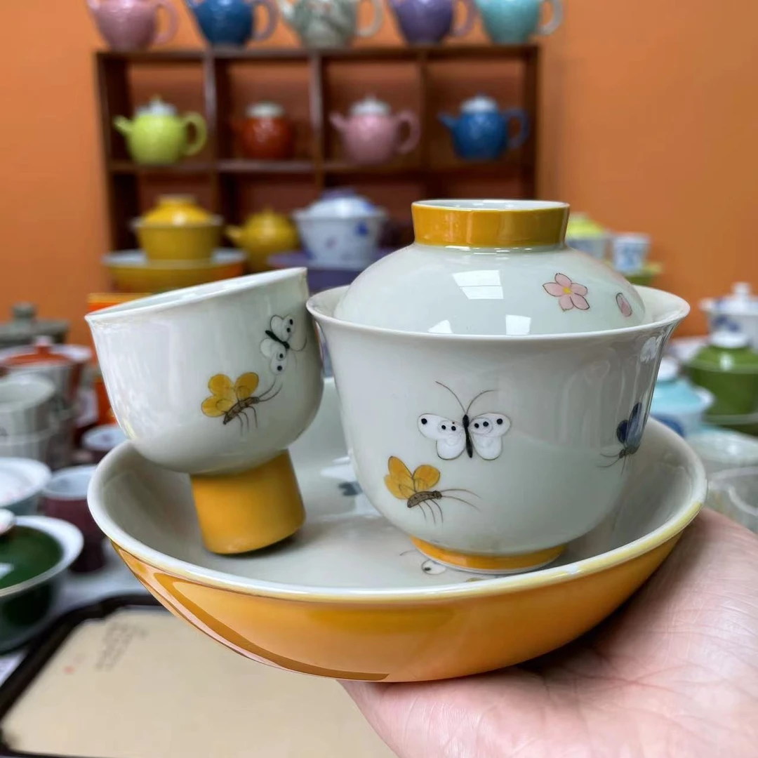 mincuo/民厝温记窑黄色手绘蝶恋花盖碗+壶承+高脚茶杯高档茶具