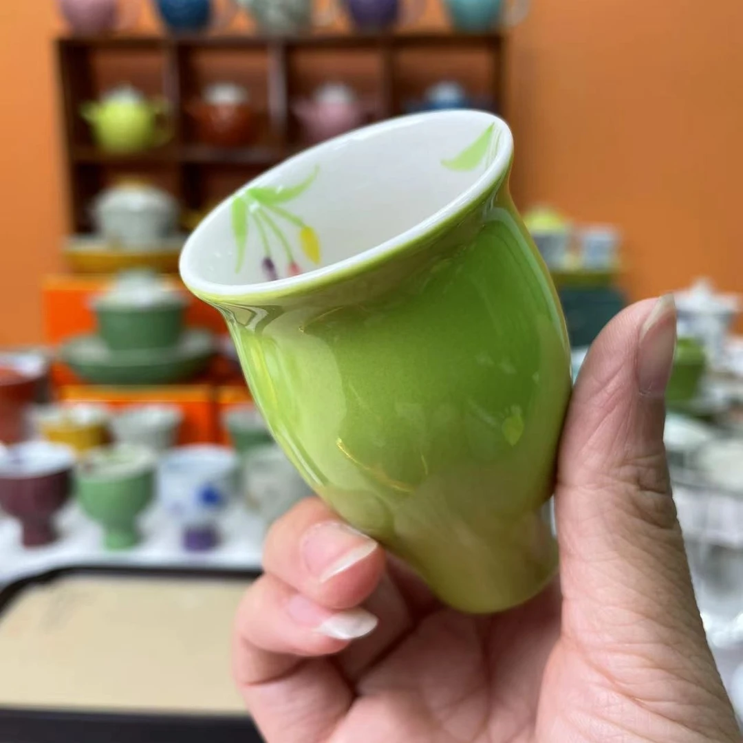 mincuo/民厝绿色内绘郁金香美人杯闻香杯陶瓷茶杯客杯茶具套装