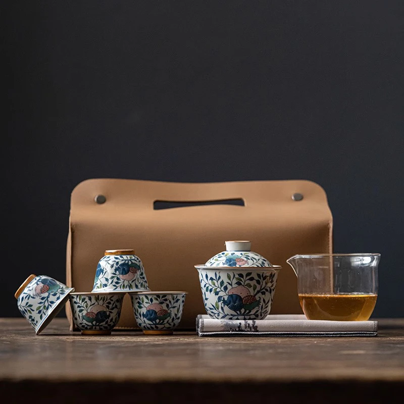 民厝功夫快客杯收纳包套装陶瓷青花茶杯子盖碗便携式户外旅行茶具