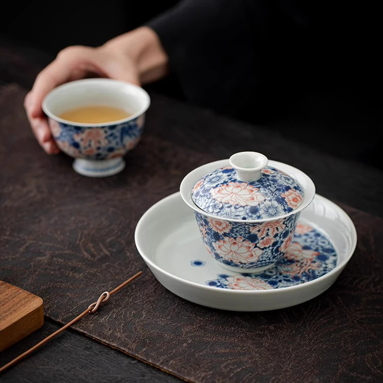 民厝青花百花盖碗壶承茶杯陶瓷功夫茶具复古家用高档泡茶碗简约
