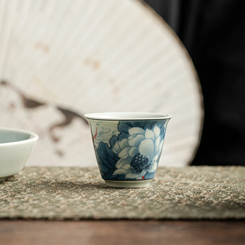 mincuo/民厝青花荷花鱼茶杯主人杯客杯陶瓷茶具套装茶杯品茗杯