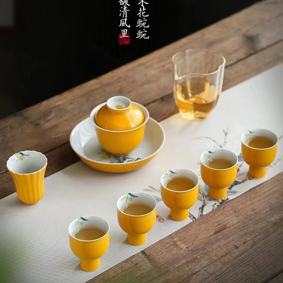 mincuo/民厝温记窑黄色手绘郁金香盖碗壶承高脚杯佛手杯茶具套装