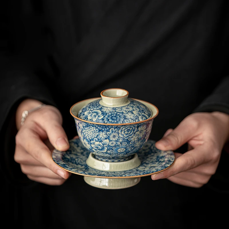 民厝青花陶瓷三才盖碗大号壶承手抓碗日式禅意茶杯带盖复古泡茶碗