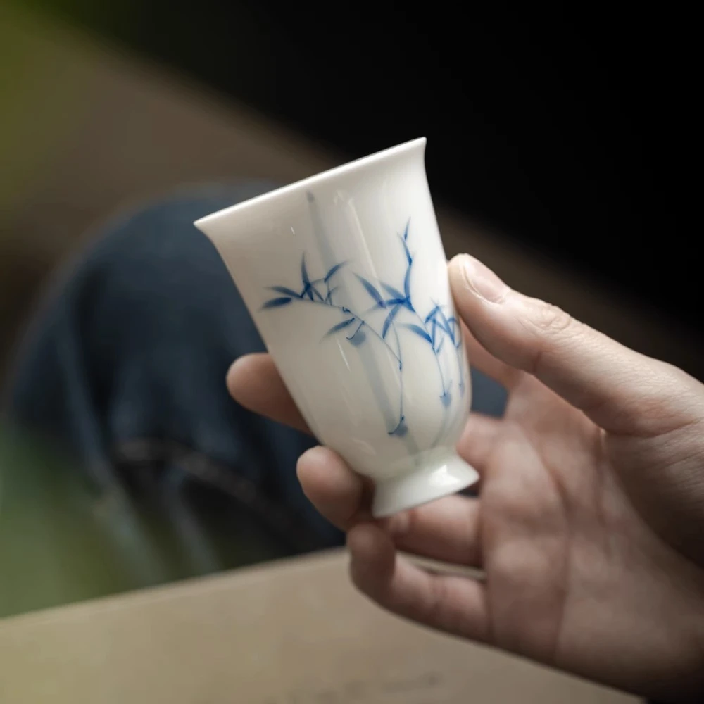 民厝 手绘竹子主人杯釉下彩水墨翠竹高足茶杯功夫茶具闻香杯单杯
