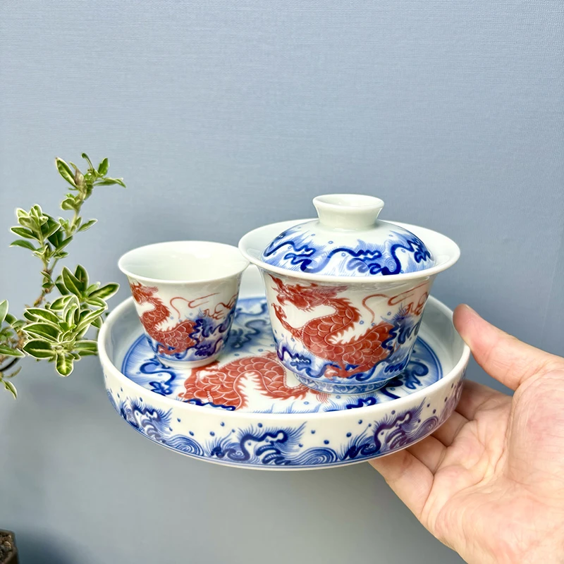 仿古青花祥龙盖碗壶承茶杯陶瓷功夫茶具悬停盖碗龙年复古高档套装