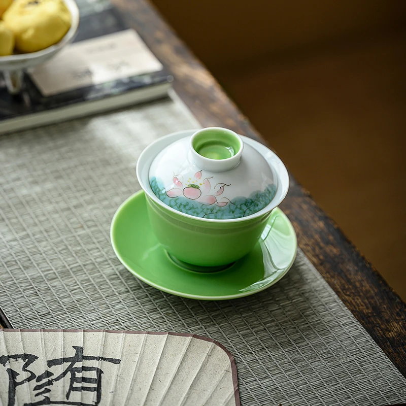 mincuo/民厝釉下彩手绘荷花盖碗家用手工色釉三才盖碗茶具茶碗