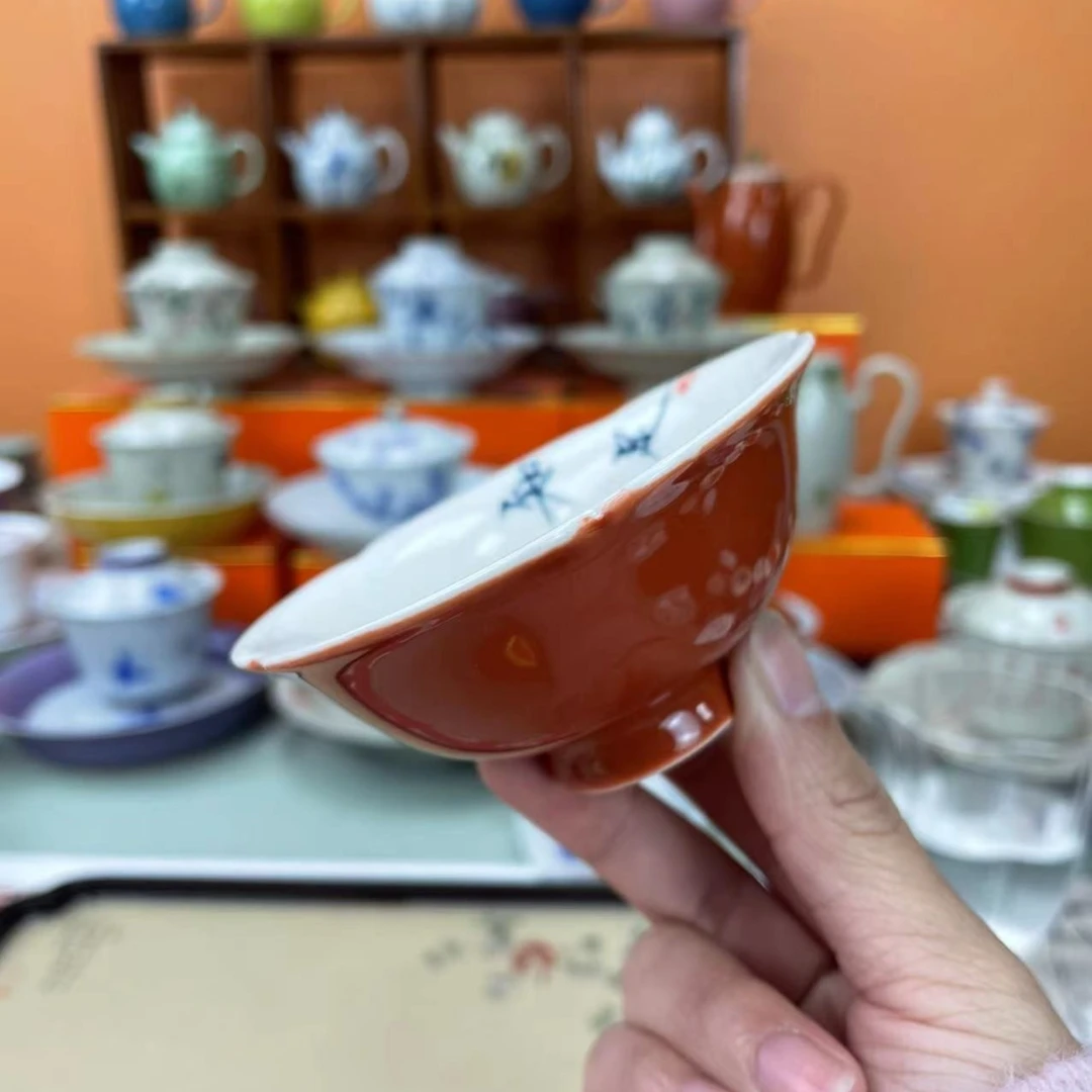 mincuo/民厝橘红手写知足常乐花口主人杯茶杯陶瓷茶具套装客杯子