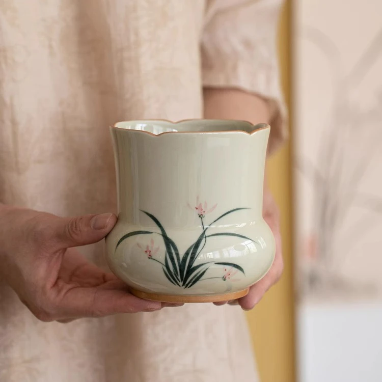 草木灰手绘兰花建水茶洗家用陶瓷茶渣缸水盂废水桶功夫茶道零配件