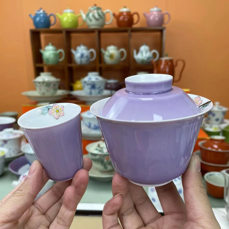 mincuo/民厝温记窑紫色手绘桃花马蹄二才盖碗+可乐杯陶瓷茶具套装