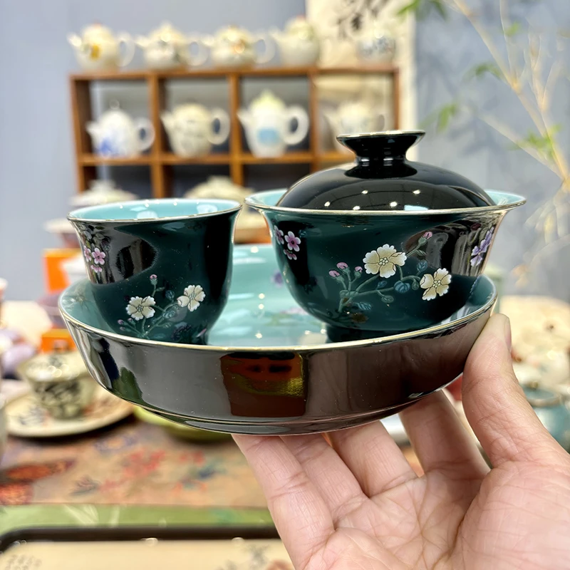 民厝黑色盖碗壶承茶杯陶瓷功夫茶具描金色釉瓷盖碗蓝色霁蓝茶盖碗