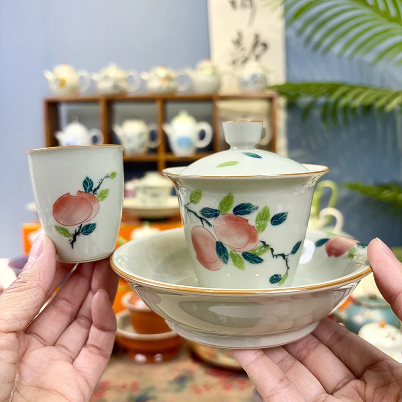 民厝草木灰釉下彩手绘寿桃盖碗壶承茶杯陶瓷功夫茶具套装新品高档