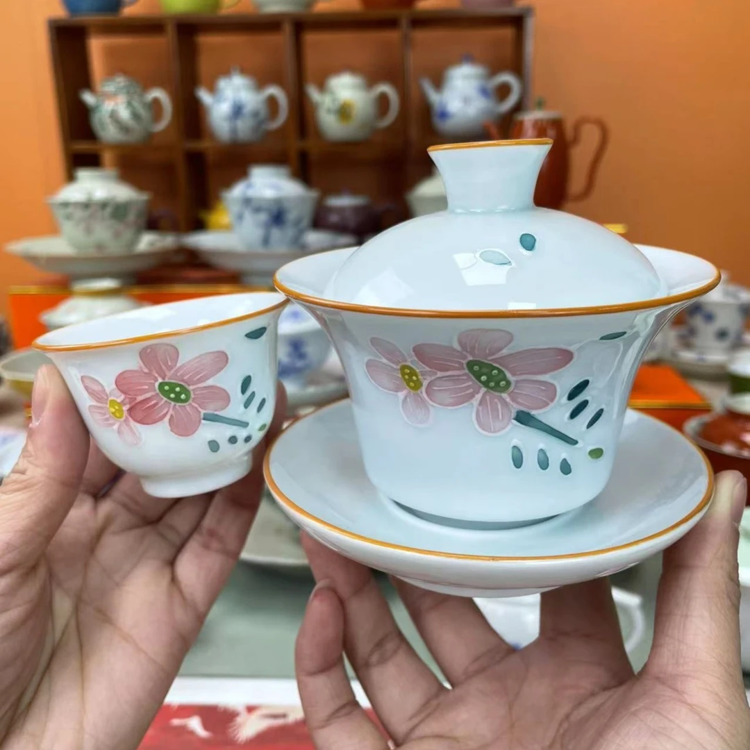 mincuo/民厝手绘粉花三才盖碗+茶杯 陶瓷闷茶碗纯手绘茶具套装