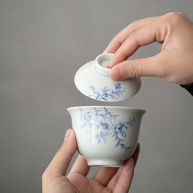 mincuo/民厝复古青花手绘岁寒盖碗茶具文人器陶瓷二才泡茶碗杯