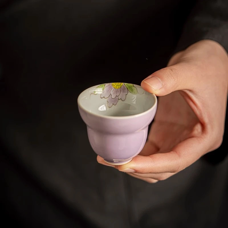 mincuo/民厝 温记窑紫色手绘牡丹葫芦杯 陶瓷主人杯茶杯客杯茶具