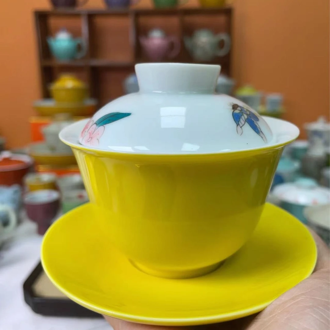 mincuo/民厝黄色手绘蝶恋花大号三才盖碗茶具泡茶碗茶具套装