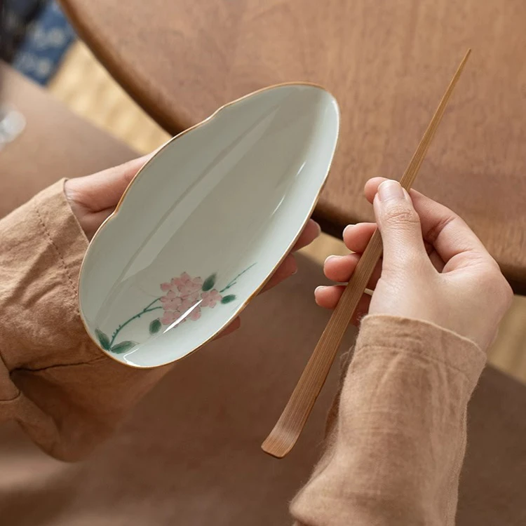 仿古青手绘绣球花茶则茶拨两件套功夫茶具配件陶瓷茶荷茶道六君子