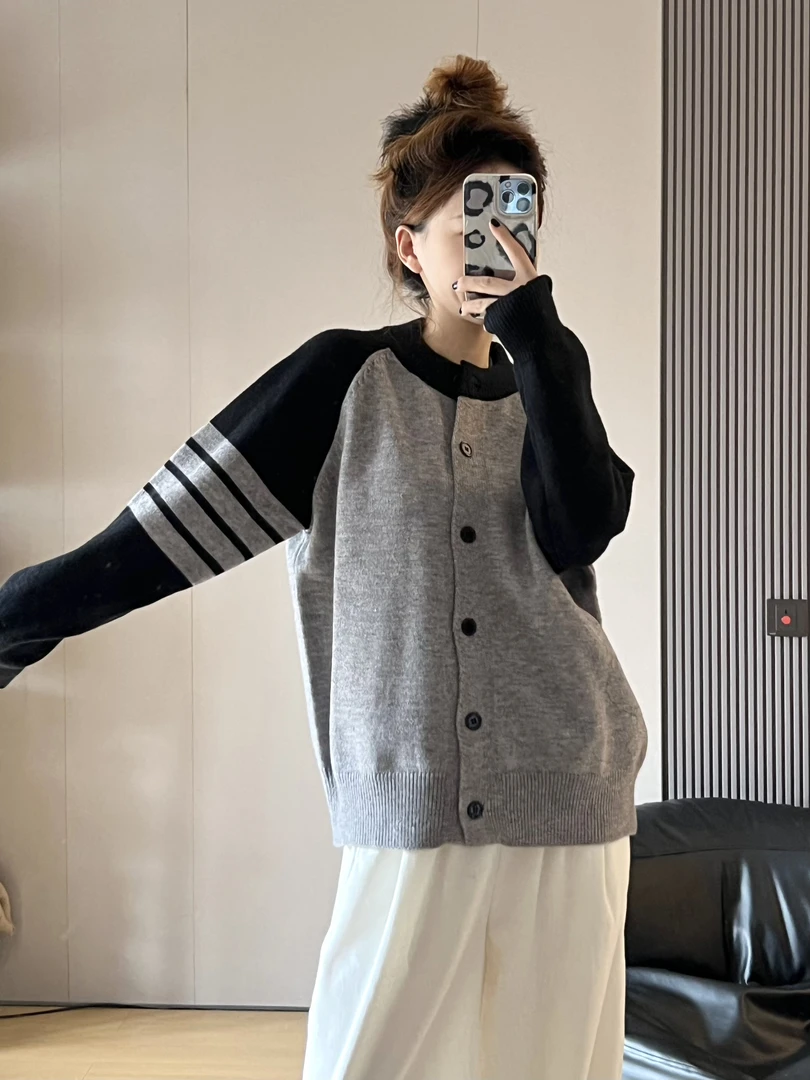 早秋上衣高级感慵懒风撞色条纹休闲开衫毛衣外套女秋冬#9988