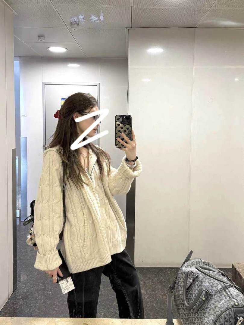 复古网红百搭休闲慵懒风老钱调连帽麻花拉链毛衣开衫#886